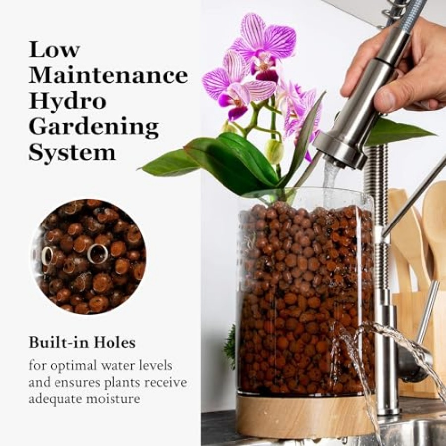 Glass Planter with Wooden Base - Clay Pebble Growing recensie en prijs